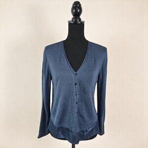 NIC+ZOE Navy Silk Blend Cardigan M | Chiffon Hem Lightweight Layer
